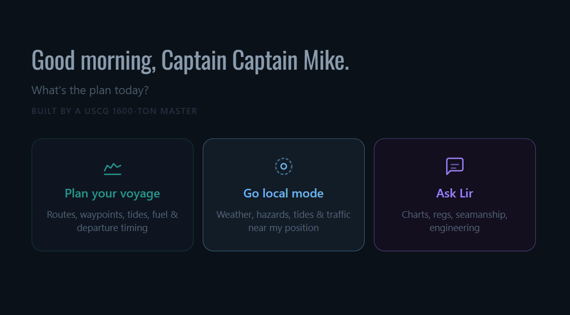 LIR Maritime AI home screen showing Ask LIR, Voyage Planning, and Local Mode